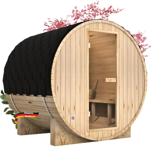 DELUKE Fasssauna Outdoor mit Elektroofen PIET - für 4 Personen, inkl. Saunazubehör | Außensauna Gartensauna Saunafass | Mit externer Montage