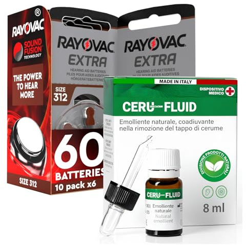 60 Batterie per Apparecchi Acustici Rayovac Misura Extra 312 Sound Fusion Technology + Gocce Auricolari Sciogli Tappo Cerume 8ml Ceru Fluid per Pulizia Orecchie Made in Italy