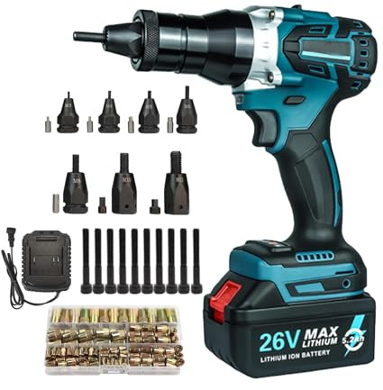 Juego de herramientas de tuerca de remache – Pistola remachadora automática de 26 V con 2 baterías y cargador, tuercas de remache M3-M12, kit completo con funda de transporte