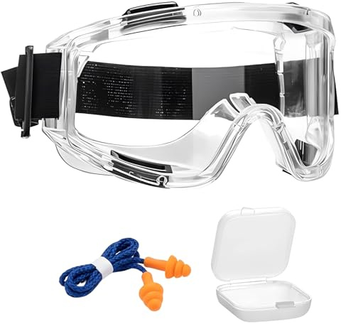 DXPETA Safety Goggles, Protective Goggles and Safety Glasses for Work, Eye Protection Glasses with Orange Noise Reduction Ear Plugs, Adult Safety Goggles Over Glasses, Protective Glasses Set