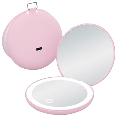 QUMOX Miroir Compact LED avec Anneau de Suspension, Miroir de Maquillage de Poche Rechargeable, Miroir grossissant 1X et 2X, Gradation Progressive, pour Sac à Main,Rose