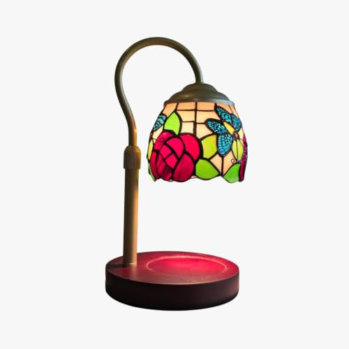 MaxSell Tiffany Style Candle Warmer Table Lamp, Stained Glass Rose Shade, Height Adjustable, Dimmable, 12 Inch