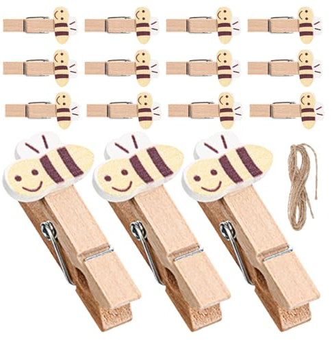Alipis 100 Pezzi Mollette Portafoto in Legno a Forma di Ape Cartone Animato, Facili da Appendere Corda di Juta, per Organizzazione Quotidiana e Camera