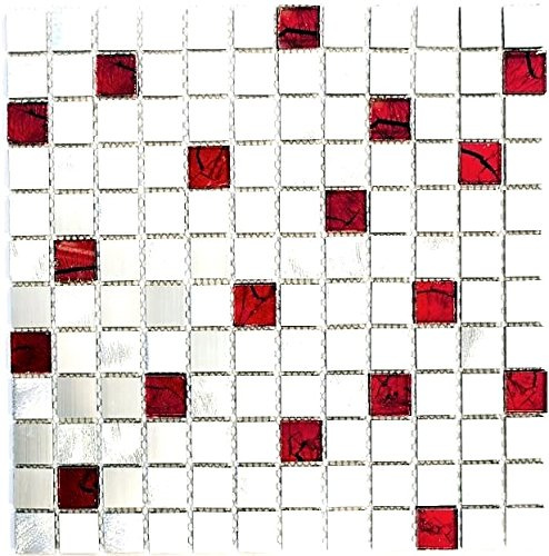 Mosaik Fliese Aluminium Transluzent Alu Glasmosaik Crystal silber rot für WAND BAD WC DUSCHE KÜCHE, Mattengröße: 300x300 = 0,09 qm, Steingröße: 23x23x8 mm - 1 Matte