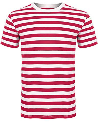 Sykooria Mens Round Neck Striped T-Shirt Red & White Strip Casual Short Sleeve Pinstripe Tops