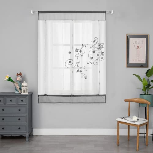 SIMPVALE Cortina Romana para Cocina, 1 Pieza, Gris, 100 x 120 cm | Visillo Interior con Bordado Floral Delicado, Elegante Decoración del Hogar, Cortina Transparente que Protege tu Privacidad