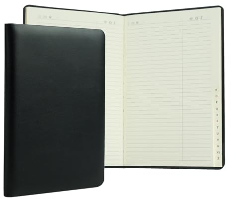 DELMON VARONE - Personalisierbares Adressbuch DIN A5 gebunden mit A-Z Register in Boxcalf Leder schwarz - Telefonbuch mit leicht wattiertem Hardcover Einband und alphabetischem Telefonregister