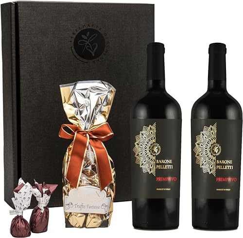 Geschenkset Rotwein Primitivo Barone Pelletti mit Schokoladentrüffeln & Feigen in Schokolade | Präsentkorb Wein & Schokolade | Edles Geschenk für Genießer, Männer & Frauen, Geburtstag, Weihnachten