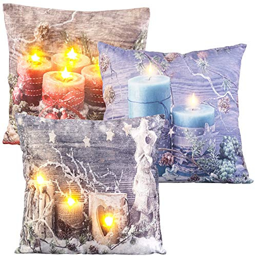 infactory LED Kissen: 3er-Set Deko-Weihnachtskissen mit LEDs, batteriebetrieben, 45 x 45 cm (Beleuchtete Kissen Weihnachten, Deko, Bild)