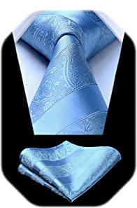 HISDERN Herren Krawatte Blau Paisley Krawatte mit Einstecktuch Set Hochzeit Blumen Jacquard Krawatten Taschentuch Einfarbig Schlips Hellblau