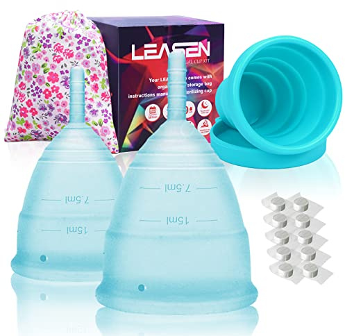 LEASEN Menstral Cup - Set of 2 Reusable Period Cups for Feminine Care - Premium Design with Soft, Flexible, Medical-Grade Silicone - with Menstrual Cup Sterilizer Period Kit