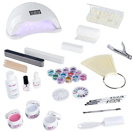 NAILS FACTORY N&BF UV Gel Starterset für Gelnägel Weiß | Made in Germany | Nailart Gelnagelset + UV/LED Lampe | Gelen & viel Zubehör | Mobiles Nagelstudio Gelnägelset White