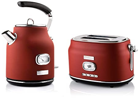 Westinghouse Retroline Frühstück-Set Rot, Toaster & Wasserkocher, 1.7 Liter, Kalkfilter & Überhitzungsschutz, Zwei Schlitz Toaster mit Brötchenaufsatz & Krümelschale