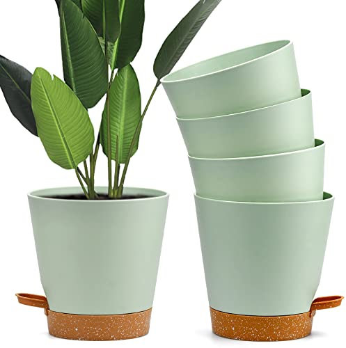 Xiumeso 5pcs Pots de Fleurs en Plastique Auto-arrosant, Ø 15,2 x 11 cm Rond Pot de Fleurs Intérieur Extérieur avec Soucoupe Réservoir d'eau, Bonsaï de Fleurs de Jardin, Vert