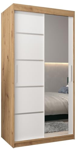 MEBLE KRYSPOL Kleiderschrank mit Spiegel Verona 2 - Garderobenschrank - Schrank Schlafzimmer - Mehrzweckschrank Zwei Schiebetüren - Regalen - Flur Möbel - Kleiderstange Schrank - Allzweckschrank