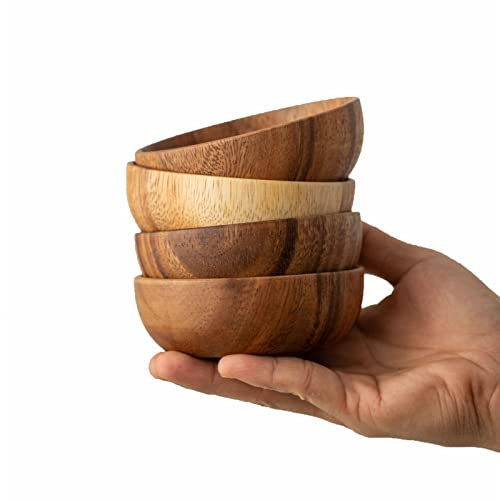 muso wood Juego de cuencos para salsas de madera de acacia maciza, 10 x 3,8 cm, 4 unidades, para guarniciones, salsa, nueces, sal, especias, 4 cucharas de madera de Phoebeholz