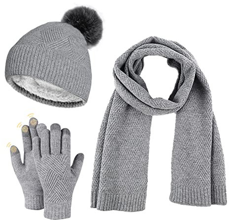 Damen Winter Warm Mütze mit Bommel Touchscreen Handschuhe und Lang Schal Set mit Dick Fleece Gefütterte, Winterhandschuhe Weihnachten Geschenk für Frauen