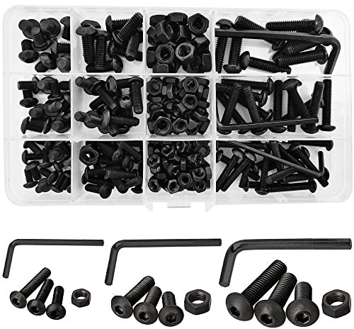 219 pezzi M4 M5 M6 Viti a brugola esagonali in acciaio al carbonio Bulloni esagonali a testa tonda a fungo Set di viti assortite con 3 chiavi esagonali (Nero)