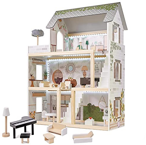 XXL Puppenhaus aus Holz mit LED Beleuchtung | Große Puppenstube mit Möbeln und Zubhör | 3 Etagen + Balkon | Spielset für Kinder Mädchen Jungs | Traumhaus für Puppen | Großes Dollhouse Kit Set