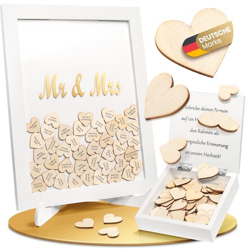 JK Trade® Cornice portafoto per matrimonio, con 95 cuori in legno, da scrivere, per matrimonio, con scritta su vetro vero, cornice profonda da riempire, dimensioni 42 x 32 x 2 cm (MR & MRS)