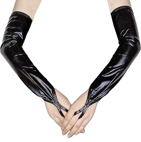 SUNTRADE Women Metallic Fingerless Long Gloves for Wedding Evening Party Cosplay Costume Night Club Dancewear (Black)