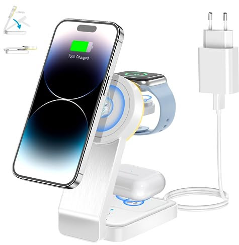 3 in 1 Faltbar Induktive Ladestation，Kabelloses Ladegerät für iPhone 16/15/14/13/12/Pro Max/Mini,Wireless Charger für Apple Watch 9/8/7/6/SE/5/4/3/2, AirPods Pro/2/3(mit Adapter) (Weiß)