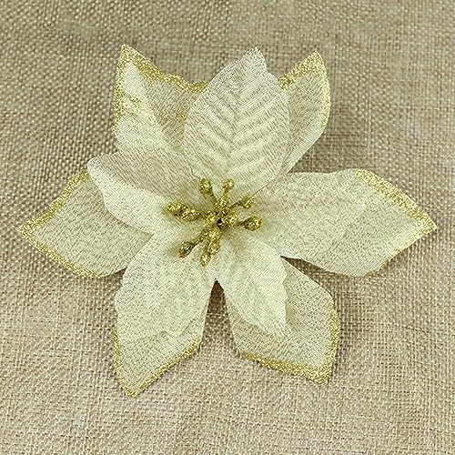 Wambere 12 Stücke Weihnachten Blumen,Glitzernde Weihnachtsblumen Künstliche Weihnachtssterne Blumen Weihnachtsbaumschmuck für Weihnachtsbaum Neujahr Ornamente Weihnachtsdekoration,Golden