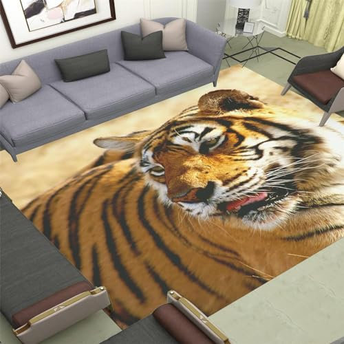 okoikfc Teppich 140 x 200 cm Tiger 3D Teppich Wohnzimmer Tiger Waschbarer rutschfest, Teppiche für Kinderzimmer Schlafzimmer Deko Antirutschmatte Carpet Matte,A216