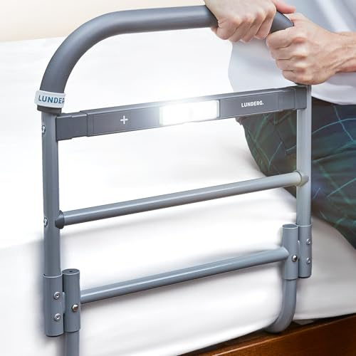 Lunderg Riel de asistencia de cama grande para personas mayores con luz activada por movimiento y barra antideslizante, rieles de cama fáciles de instalar para adultos mayores, seguridad y poscirugía