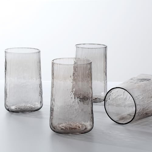 Gökotta Juego de 4 vasos de cristal transparente martillados hechos a mano, vasos de agua de lujo para cócteles y whisky, vasos de bar premium (400 ml, gris humo)