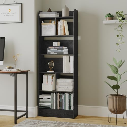 Hzuaneri Bücherregal mit 6 Fächern, 24 x 60 x 170 cm, Schwarz | Bücherschrank, Standregal, Aufbewahrungsregal, für Wohnzimmer Büro Schlafzimmer, BC11104X