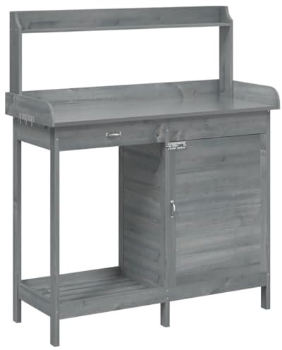 vidaXL Pflanztisch mit Schrank, Gärtnertisch mit Stauraum, Blumentisch für Terrasse Garten, Gartenarbeitstisch, Grau Massivholz Tanne