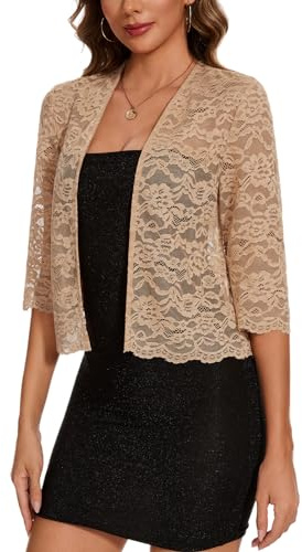 MINTLIMIT Women's Elegant 3/4 Sleeve Bolero Shrug Open Front Sheer Floral Lace Cropped Cardigan for Evening Dress,Beige,L