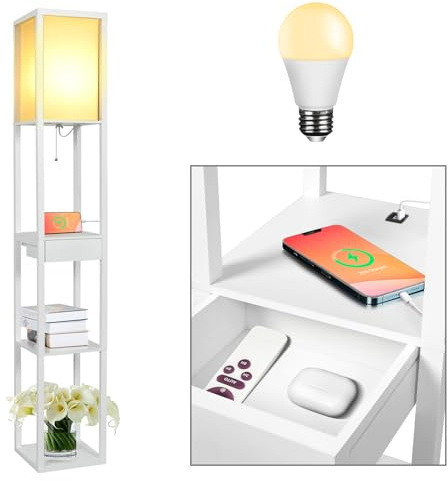 YOURLITE Lampadaire sur Pied Salon,Lampadaire Étagères et Tiroir,Blanc | Lampe sur pied en Bois avec Port Chargeur USB,MDF,pour Chambre, Salle d'Étude, Bureau,Decoration Salon,Moderne,avec Ampoule