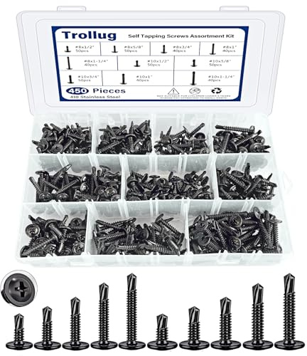 450PCS Self Tapping Screws for Metal, 410 Stainless Steel Self Drilling Screws #8#10 Truss Head Sheet Metal Screws Assortment Kits, Length 1/2 to 1-1/4'' (Black)
