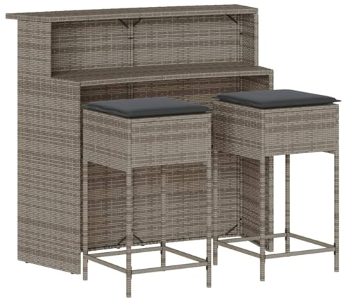 vidaXL 3-TLG. Gartenbar-Set mit Kissen Grau Poly Rattan