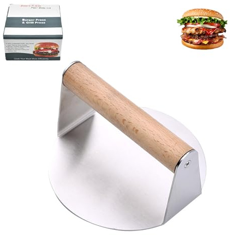 Kaizuca Burger Press, 5.5 Inch Round 304 Stainless Steelsmash Smash Burger Press with Wooden Handle, Food Grade Burger Smasher, Easy to Clean for Flat Top Grill and Grease Presses