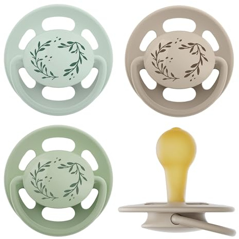 nip Cherry Schnuller 6+ Monate 4er Pack Kirschform Latex stillfreundlich | kiefergerecht zahnfreundlich hautfreundlich natürlicher Rundsauger Naturkautschuk Made in Germany Größe 2 hellgrün/braun