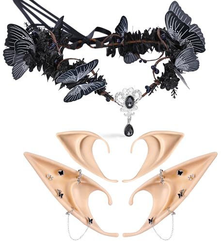 MOSTORY Gothic Feenkrone Durchbohrte Elfenohren Set für Faschingskostüme Damen, Schwarzes Schmetterlings Haarschmuck für Renaissance Zubehör Hexe Cosplay