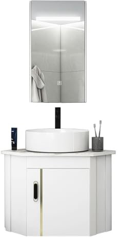 Lavandino da Bagno Ad Angolo, Mobile Bagno con Lavabo da Appoggio, Mobile Bagno con Lavabo E Specchio, Mobili Bagno Sospeso Ad Angolo, per Bagno, Piccolo Spazio(48cm/18.9)