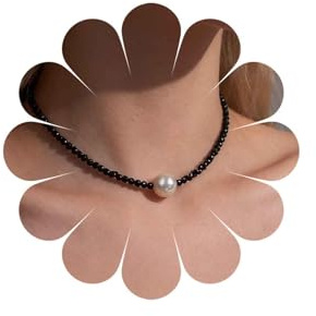 Collier Boho Ras Du Cou en Spinelle et Perle Pendentif Simple - Cristal Noir - Bijoux Pour Femmes