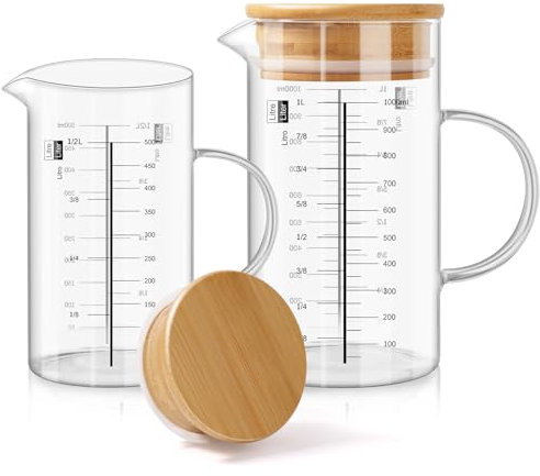Aevcvok Jarra Medidora de Vidrio Graduada 500ml y 1000ml, Vaso Medidor Transparente para Cocina, Escala Precisa para Medir Ingredientes de Repostería y Fluidos,Taza Medidora Tarros de Cristal con Tapa