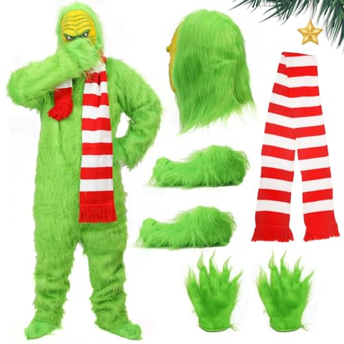 Costume da mostro verde per adulti, 5 pezzi, tuta pelosa con maschera, guanti, scarpe, sciarpa, vestito deluxe per feste di carnevale (L)
