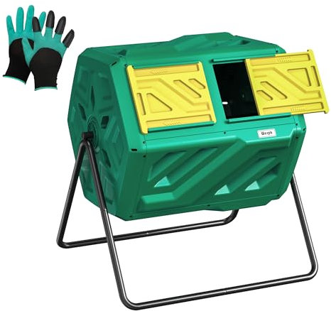 Werph Compost Bin, Outdoor Composter, Fast Assembly 43 Gallon Dual Chamber Outdoor Compost Tumbler, Heavy Duty Tumbling Rotating Composter for Patio, Garden,Yard, Green, Easy Setup, Gloves Included