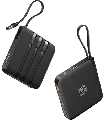 VRURC Powerbank 20000mAh Power Bank mit Kabel Klein USB C 22.5W QC3.0 Schnelles Aufladen Tragbares Ladegerät Externe Handyakkus Klein Aber Stark mit LED-Anzeige für iPhone Huawei Smartphones (schwarz)