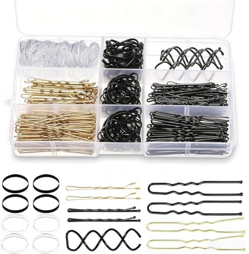 Aucuu 343 Stück Haarnadeln Bobby Pins Set, Haarnadeln Metal Hair pin mit Aufbewahrungsbox, Haarklammern U-förmige, Spirale Haarspange, Durchsichtige Haargummi, Haarklemmen Haarspangen Damen