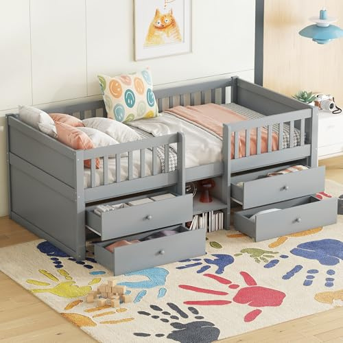 TOBIDOEN Kinderbett Halbhohes Bett 90x200 cm mit Rausfallschutz, GroBer Stauraum mit 4 Schubladen, Kiefernholz Gitterbett Spielbett mit Lattenrost und Lagerleiter, Ohne Matratze, Grau