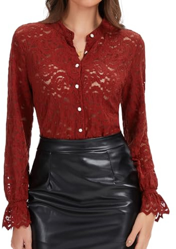 WOWENY Blusa de encaje para mujer, manga larga, elegante, cuello alto, blusa de encaje, camiseta informal, borgoña, XL
