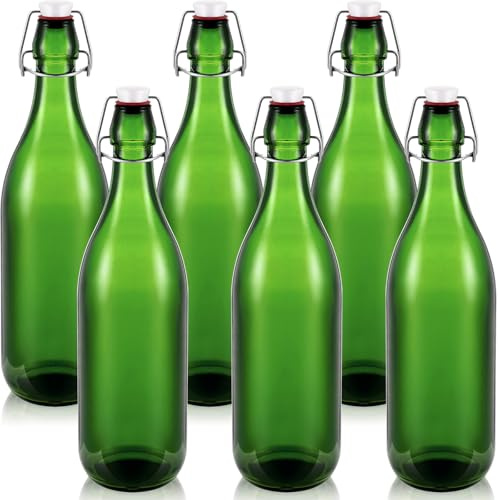 Teenyyou 6 Pcs Green Glass Bottles 1 L/ 33.75 oz Decorative Wine Bottles Flip Top Glass Water Bottle with Airtight Lid for Home Decor Garden Tree Yard Outdoor Decorations