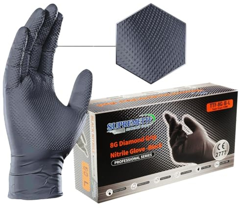 8 Mil Nitrile Disposable Diamond Grip Gloves, Heavy-Duty, Latex & Powder Free, Food Safe, Extra Thick For Mechanic Automotive Oil Work (Black, Large [Size 9])